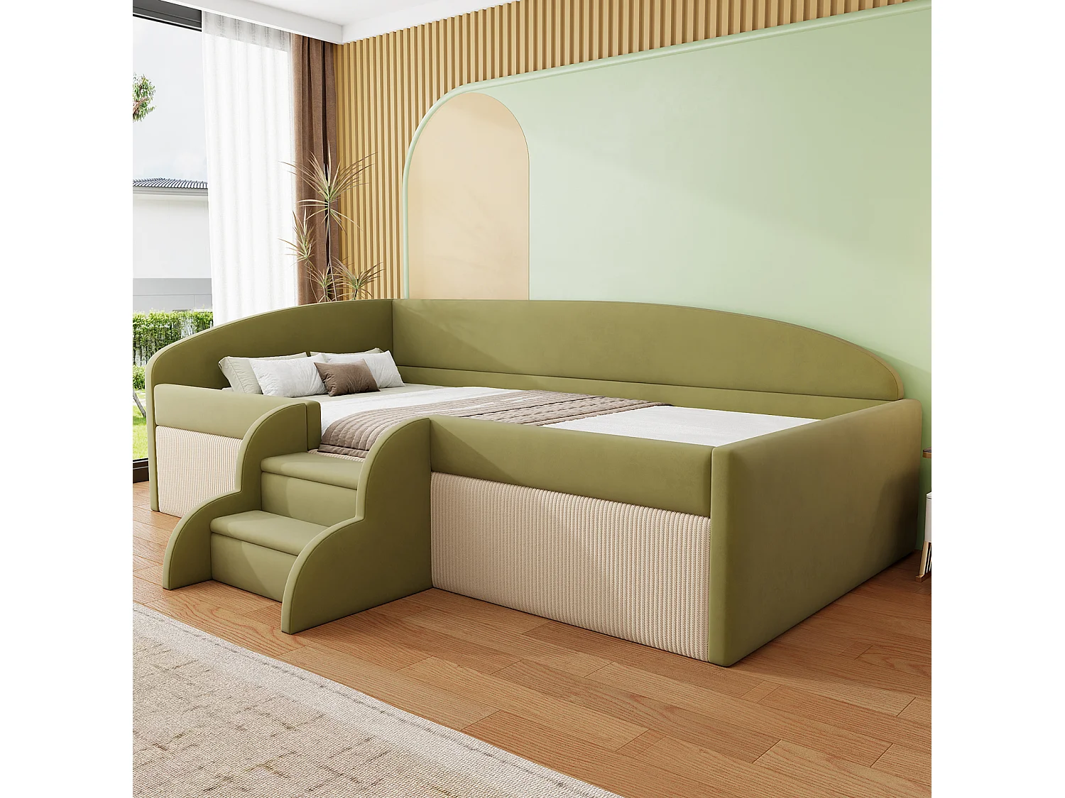 Gestoffeerde slaapbank - 90×190 cm - met treden en tussenschotten - fluweel - donkergroen + crème