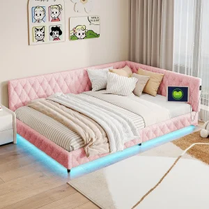 Gestoffeerde slaapbank 140x200cm met ledstrip en oplaadfunctie – bed met hoofdbord en lattenbodem – roze Gestoffeerde slaapbank 140x200cm met ledstrip en oplaadfunctie – bed met hoofdbord en lattenbodem – roze