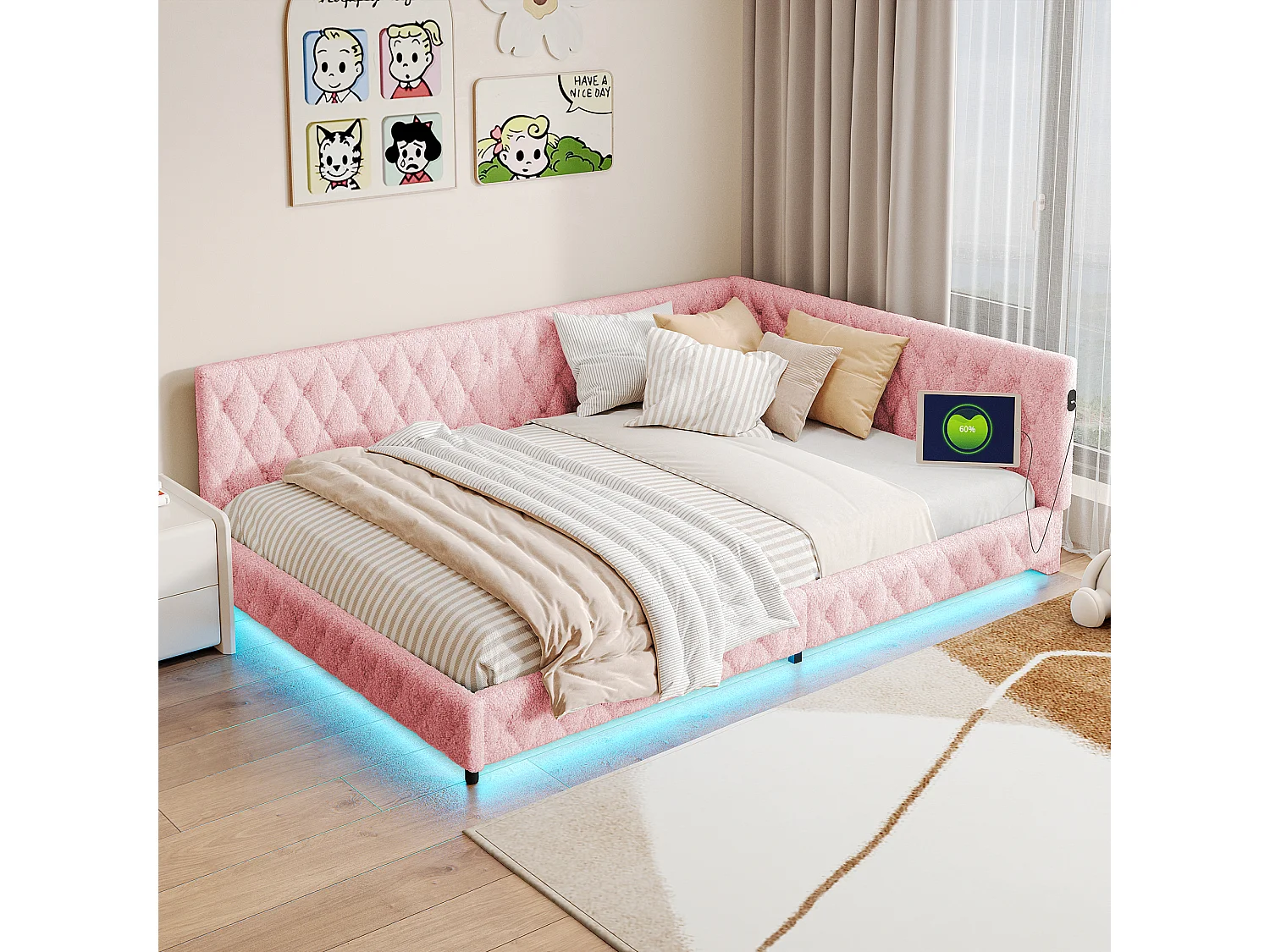 Gestoffeerde slaapbank 140x200cm met ledstrip en oplaadfunctie - bed met hoofdbord en lattenbodem - roze