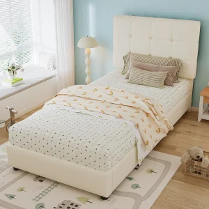 Gestoffeerd eenpersoonsbed voor kinderen – 90 x 200 cm – met zacht hoofdeinde en rugleuning – PU + ijzer + schuim + multiplex – beige Gestoffeerd eenpersoonsbed voor kinderen – 90 x 200 cm – met zacht hoofdeinde en rugleuning – PU + ijzer + schuim + multiplex – beige