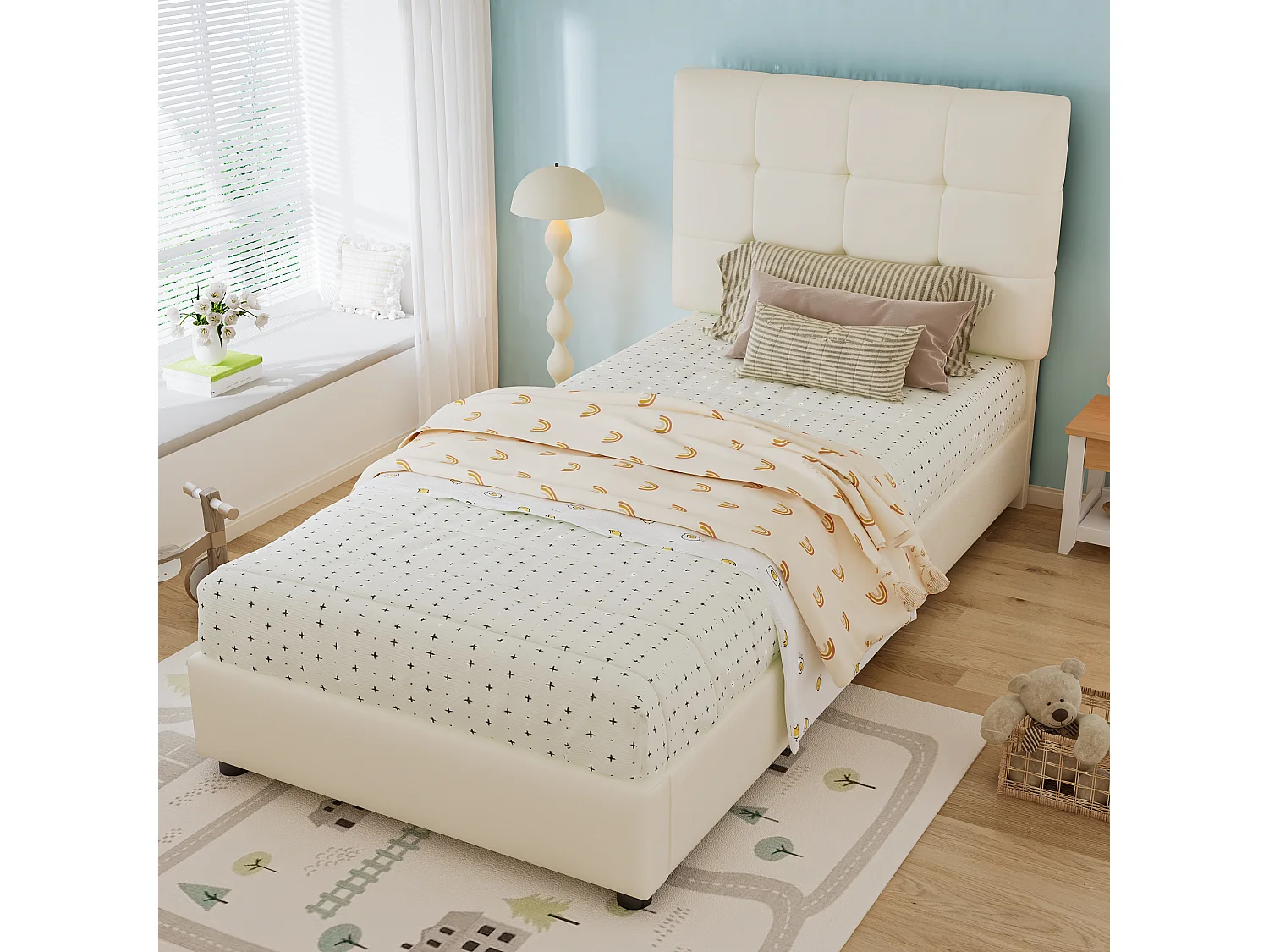 Gestoffeerd eenpersoonsbed voor kinderen - 90 x 200 cm - met zacht hoofdeinde en rugleuning - PU + ijzer + schuim + multiplex - beige