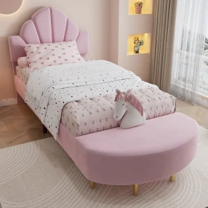 Gestoffeerd eenpersoonsbed voor kinderen – 90 x 200 cm – met bijpassend hoofdbord en bankje – fluweel en multiplex – roze Gestoffeerd eenpersoonsbed voor kinderen – 90 x 200 cm – met bijpassend hoofdbord en bankje – fluweel en multiplex – roze