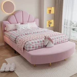 Gestoffeerd eenpersoonsbed voor kinderen – 140 x 200 cm – met bijpassend hoofdbord en bankje – fluweel en multiplex – roze Gestoffeerd eenpersoonsbed voor kinderen – 140 x 200 cm – met bijpassend hoofdbord en bankje – fluweel en multiplex – roze