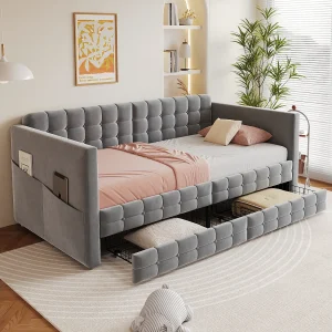 Gestoffeerde slaapbank voor kinderen – 90 x 190 cm – met 2 lades – fluweel – grijs Gestoffeerde slaapbank voor kinderen – 90 x 190 cm – met 2 lades – fluweel – grijs