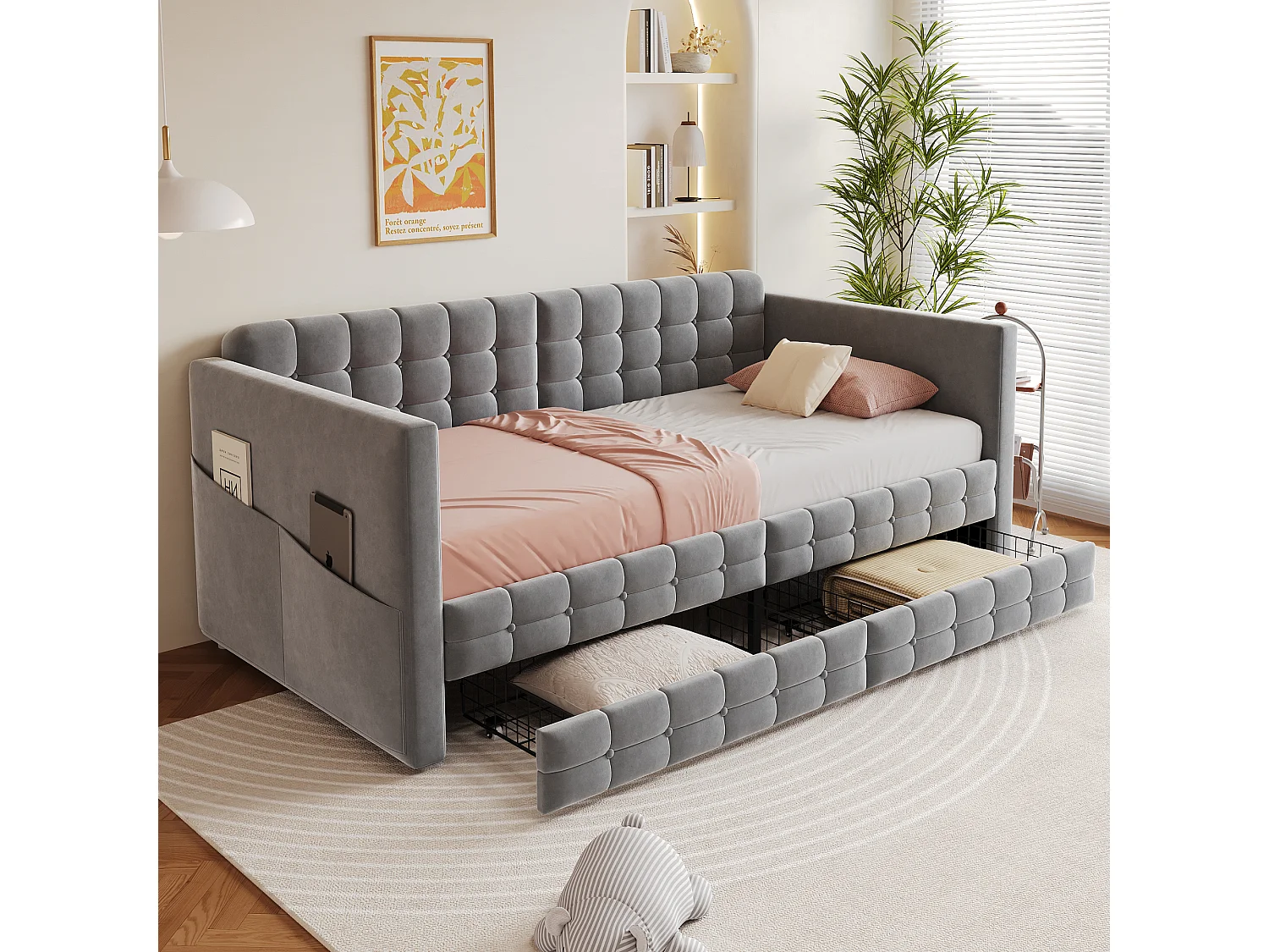 Gestoffeerde slaapbank voor kinderen - 90 x 190 cm - met 2 lades - fluweel - grijs