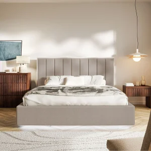 Gestoffeerd bed 140×200 – chenille – bedbox en LED – bruin – TOGENTS