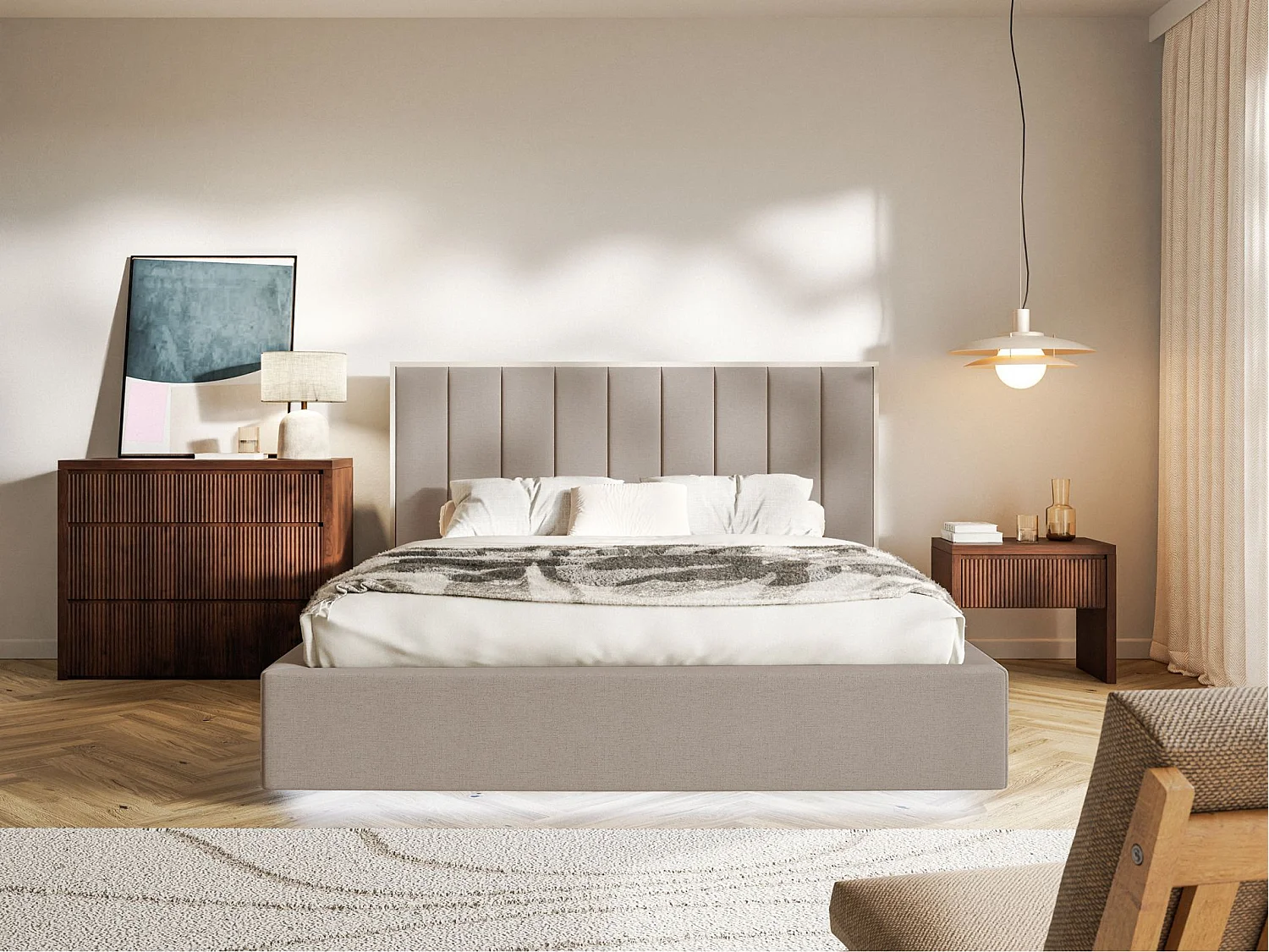 Gestoffeerd bed 140x200 - chenille - bedbox en LED - bruin - TOGENTS