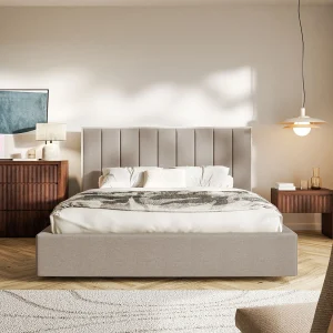Gestoffeerd bed 140×200 – chenille en bedbox – bruin – TOGENTS Gestoffeerd bed 140×200 – chenille en bedbox – bruin – TOGENTS
