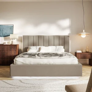 Gestoffeerd bed 160×200 – velours en LED – bruin – TOGENTS