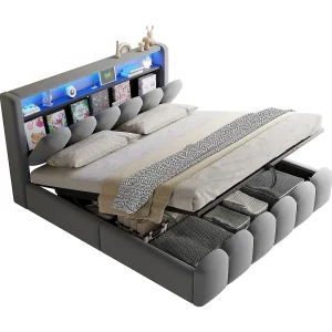 Gestoffeerd opbergbed 180×200 – Twee persoons – met USB + Type-C – met LED-verlichting – Fluweel – Grijs (matras niet inbegrepen) Gestoffeerd opbergbed 180×200 – Twee persoons – met USB + Type-C – met LED-verlichting – Fluweel – Grijs (matras niet inbegrepen)