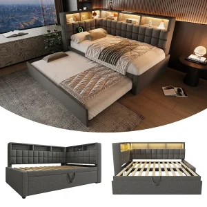 Gestoffeerde slaapbank – 90 x 200 cm – met uitschuifbaar bed 90 x 190 cm + LED-verlichting + USB-aansluiting + L-vormig hoofdeinde met opbergruimte – linnen – grijs Gestoffeerde slaapbank – 90 x 200 cm – met uitschuifbaar bed 90 x 190 cm + LED-verlichting + USB-aansluiting + L-vormig hoofdeinde met opbergruimte – linnen – grijs