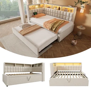 Gestoffeerde slaapbank – 90 x 200 cm – met uitschuifbaar bed 90 x 190 cm + LED-verlichting + USB-aansluiting + L-vormig hoofdeinde met opbergruimte – linnen – beige Gestoffeerde slaapbank – 90 x 200 cm – met uitschuifbaar bed 90 x 190 cm + LED-verlichting + USB-aansluiting + L-vormig hoofdeinde met opbergruimte – linnen – beige