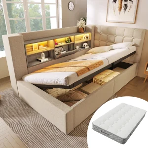 Gestoffeerde slaapbank – 90 x 200 cm – met LED-verlichting + hydraulische opbergruimte + L-vormig hoofdeinde met opbergruimte – linnen – beige (inclusief matras) Gestoffeerde slaapbank – 90 x 200 cm – met LED-verlichting + hydraulische opbergruimte + L-vormig hoofdeinde met opbergruimte – linnen – beige (inclusief matras)