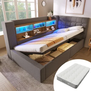 Gestoffeerde slaapbank – 90 x 200 cm – met LED-verlichting + hydraulische opbergruimte + L-vormig hoofdeinde met opbergruimte – linnen – grijs (inclusief matras) Gestoffeerde slaapbank – 90 x 200 cm – met LED-verlichting + hydraulische opbergruimte + L-vormig hoofdeinde met opbergruimte – linnen – grijs (inclusief matras)