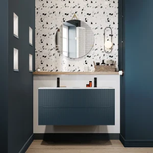 Blauw gestreept hangend meubel met enkele wastafel, L120 cm, PAVANI