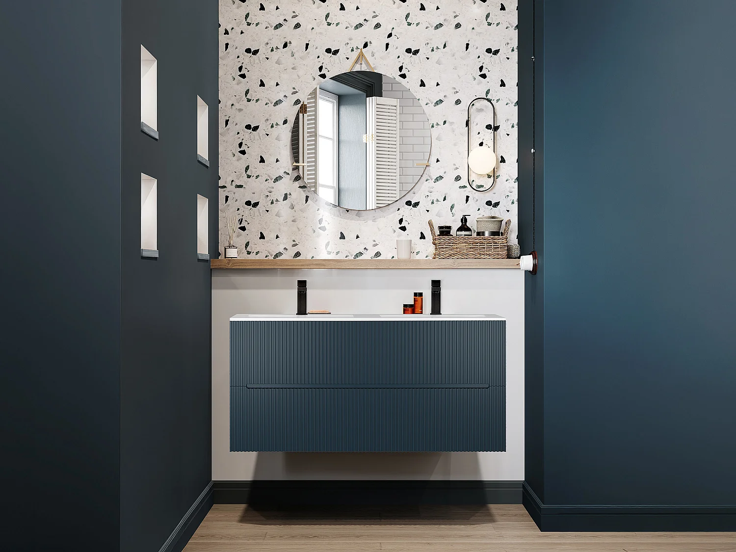 Blauw gestreept hangend meubel met enkele wastafel, L120 cm, PAVANI