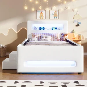 Gestoffeerd platformbed, 90 x 200 cm, met opstapje, lades, led-verlichtingsstrip en opbergtas, wit