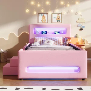 Gestoffeerd platformbed, 90 x 200 cm, met treden, lades, led-verlichtingsstrip en opbergtas, roze Gestoffeerd platformbed, 90 x 200 cm, met treden, lades, led-verlichtingsstrip en opbergtas, roze
