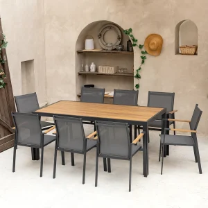 Grijze textilene PALERMO tuinset 8 zitplaatsen – antraciet aluminium en houteffect