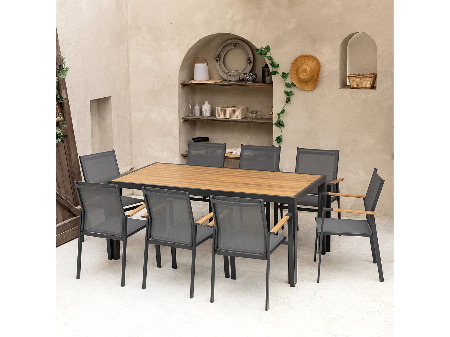 Grijze textilene PALERMO tuinset 8 zitplaatsen - antraciet aluminium en houteffect