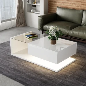 Glanzende salontafel – 105 x 55 x 32,5 cm – Bijzettafels met glas + LED's + 1 lade – spaanplaat – wit