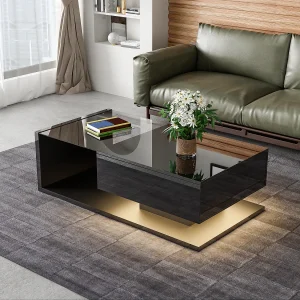 Glanzende salontafel – 105 x 55 x 32,5 cm – Bijzettafels met glas + LED's + 1 lade – spaanplaat – zwart