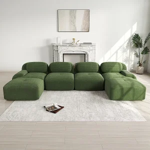 Grote modulaire hoekbank 388cm – van Ribfluweel – met 4 kussens en 2 poefs – ergonomisch – Groen Grote modulaire hoekbank 388cm – van Ribfluweel – met 4 kussens en 2 poefs – ergonomisch – Groen