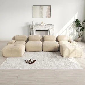 Grote modulaire hoekbank 388cm – van Ribfluweel – met 4 kussens en 2 poefs – ergonomisch – Beige Grote modulaire hoekbank 388cm – van Ribfluweel – met 4 kussens en 2 poefs – ergonomisch – Beige
