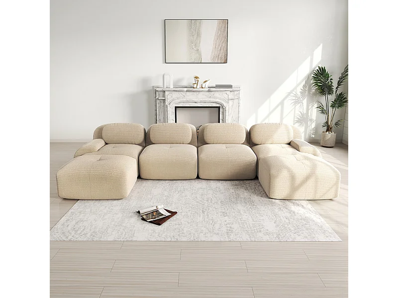 Grote modulaire hoekbank 388cm - van Ribfluweel - met 4 kussens en 2 poefs - ergonomisch - Beige