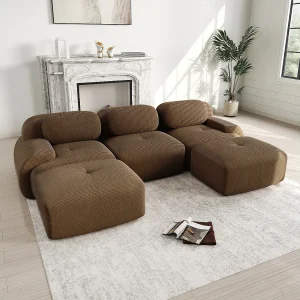 Hoekbank 3-zits modulair – in Ribfluweel – met 3 kussens en 2 poefs – 298x178x70cm – Bruin Hoekbank 3-zits modulair – in Ribfluweel – met 3 kussens en 2 poefs – 298x178x70cm – Bruin