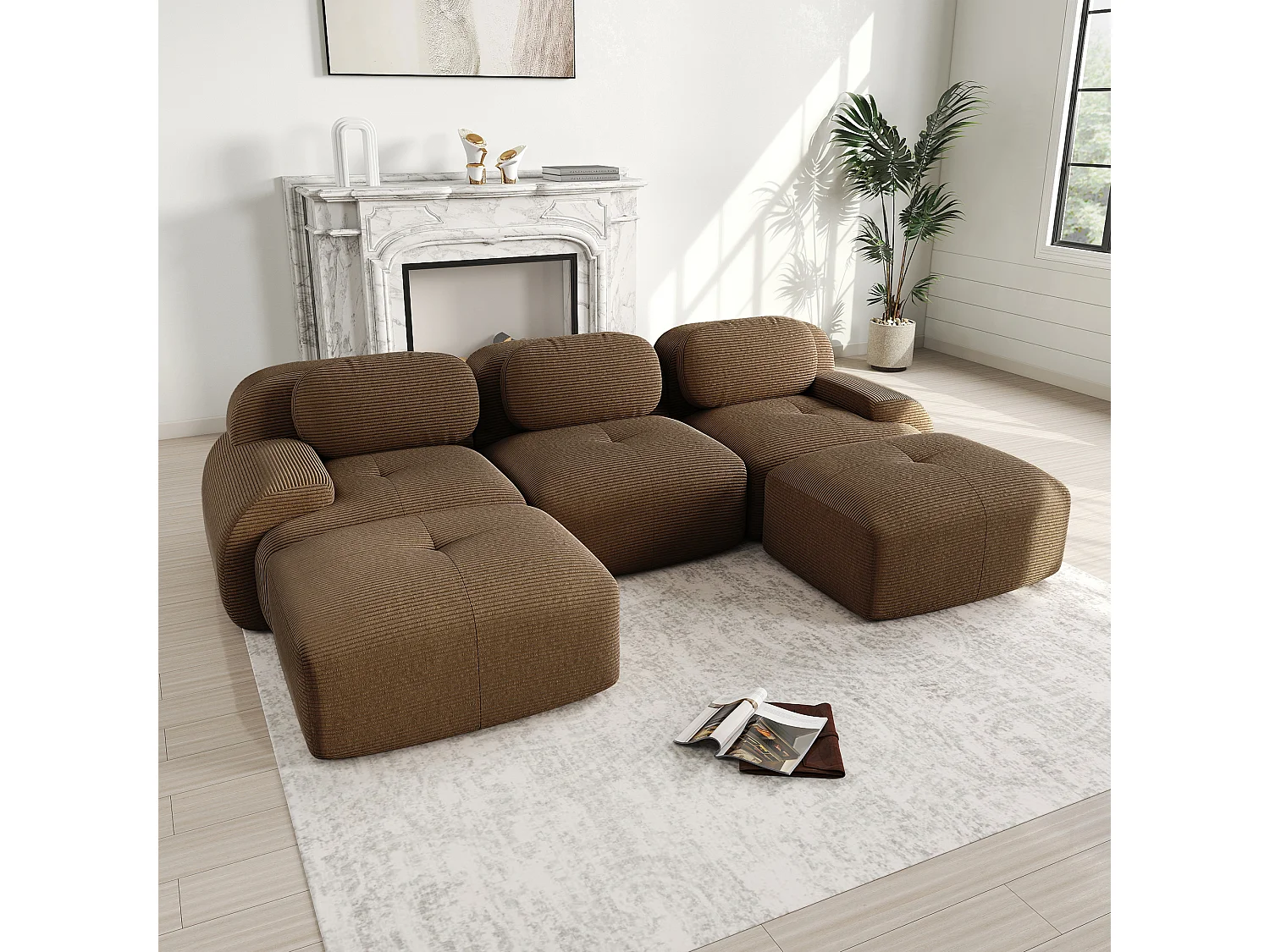 Hoekbank 3-zits modulair - in Ribfluweel - met 3 kussens en 2 poefs - 298x178x70cm - Bruin