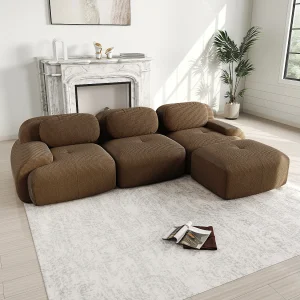 Hoekbank 3-zits modulair – in Ribfluweel – met 3 kussens en poef – 298x178x70cm – Bruin Hoekbank 3-zits modulair – in Ribfluweel – met 3 kussens en poef – 298x178x70cm – Bruin
