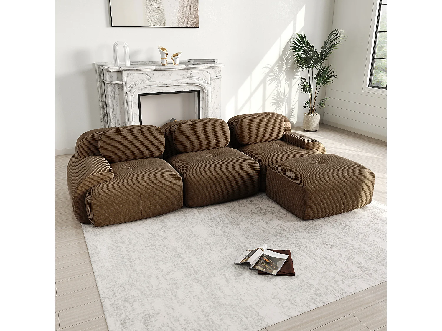 Hoekbank 3-zits modulair - in Ribfluweel - met 3 kussens en poef - 298x178x70cm - Bruin