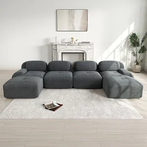 Grote modulaire hoekbank 388cm – van Ribfluweel – met 4 kussens en 2 poefs – ergonomisch – Grijs Grote modulaire hoekbank 388cm – van Ribfluweel – met 4 kussens en 2 poefs – ergonomisch – Grijs
