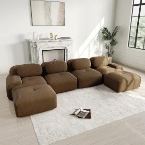 Grote modulaire hoekbank 388cm – in Ribfluweel – met 4 kussens en 2 poefs – ergonomisch – Bruin Grote modulaire hoekbank 388cm – in Ribfluweel – met 4 kussens en 2 poefs – ergonomisch – Bruin