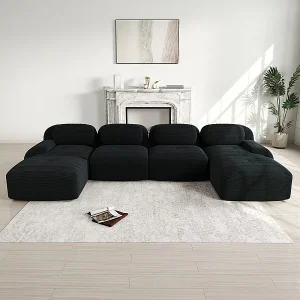 Grote modulaire hoekbank 388cm – van Ribfluweel – met 4 kussens en 2 poefs – ergonomisch – Zwart Grote modulaire hoekbank 388cm – van Ribfluweel – met 4 kussens en 2 poefs – ergonomisch – Zwart