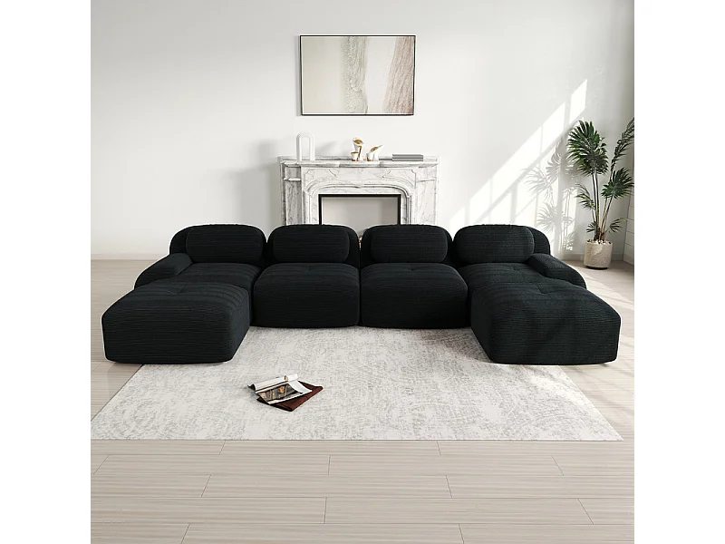 Grote modulaire hoekbank 388cm - van Ribfluweel - met 4 kussens en 2 poefs - ergonomisch - Zwart