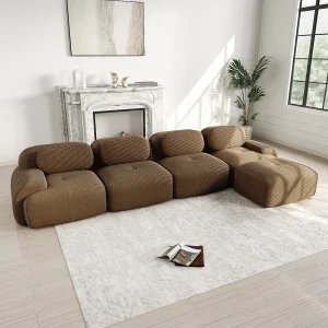 Hoekbank 4-zits modulair – in Ribfluweel – met 4 kussens en poef – 388x178x70cm – Bruin