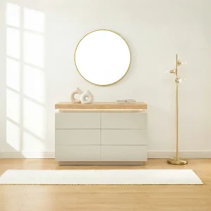 Ladekast met 6 lades in gelakt mdf met LEDs kleur naturel en beige – HALO Ladekast met 6 lades in gelakt mdf met LEDs kleur naturel en beige – HALO