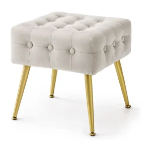 Gestoffeerde Fluwelen Poef QUADRA 40 cm / Vierkante Poef met Gouden Poten / Stijlvolle Kruk / Kaptafelkruk / Halstoel / Woonkamerstoel / Beige Gestoffeerde Fluwelen Poef QUADRA 40 cm / Vierkante Poef met Gouden Poten / Stijlvolle Kruk / Kaptafelkruk / Halstoel / Woonkamerstoel / Beige