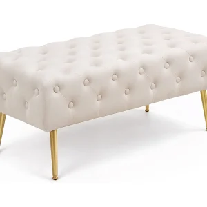 Gestoffeerde Bank MONACO 100 cm / Banken voor de Slaapkamer / Halbank / Bank met gewatteerd patroon / fluweel Bank met Gouden poten / Beige Gestoffeerde Bank MONACO 100 cm / Banken voor de Slaapkamer / Halbank / Bank met gewatteerd patroon / fluweel Bank met Gouden poten / Beige