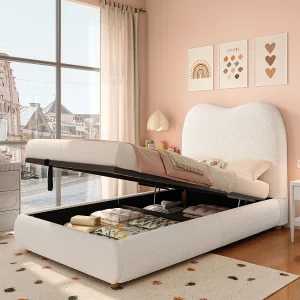 Gestoffeerd opbergbed voor kinderen – 90 x 200 cm – met hydraulische opbergruimte + hoofdeinde – lusvormig – beige