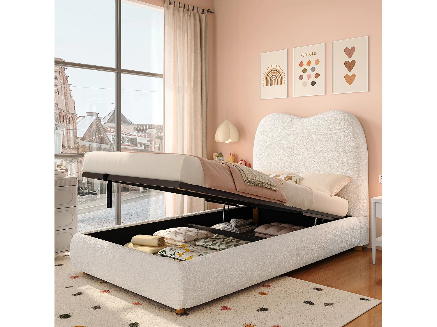 Gestoffeerd opbergbed voor kinderen - 90 x 200 cm - met hydraulische opbergruimte + hoofdeinde - lusvormig - beige