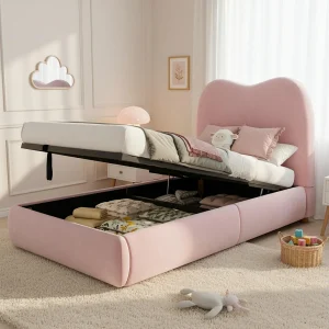 Gestoffeerd opbergbed voor kinderen – 90 x 200 cm – met hydraulische opbergruimte en hoofdeinde – fluweel – roze
