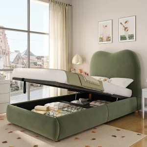 Gestoffeerd opbergbed voor kinderen – 90 x 200 cm – met hydraulische opbergruimte en hoofdeinde – fluweel – groen