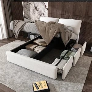 Gestoffeerd opbergbed – 140 x 190 cm – hydraulische bodem – met 3 lades + hoofdbord – fluweel – beige Gestoffeerd opbergbed – 140 x 190 cm – hydraulische bodem – met 3 lades + hoofdbord – fluweel – beige