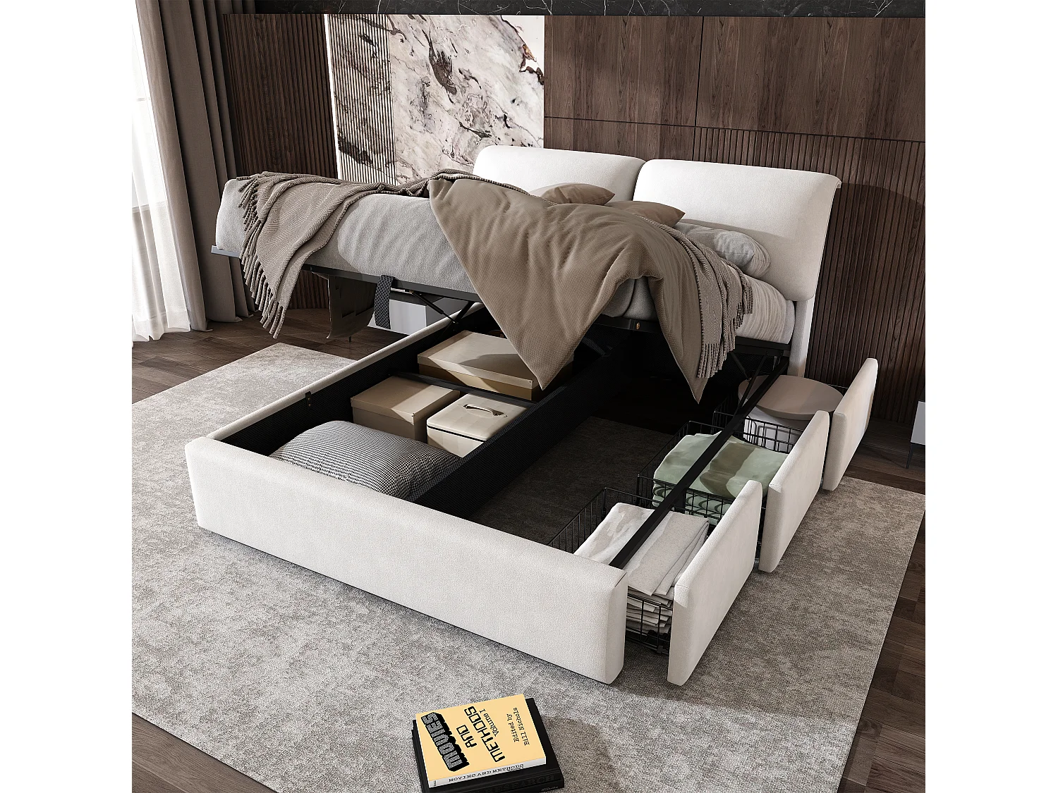 Gestoffeerd opbergbed - 140 x 190 cm - hydraulische bodem - met 3 lades + hoofdbord - fluweel - beige