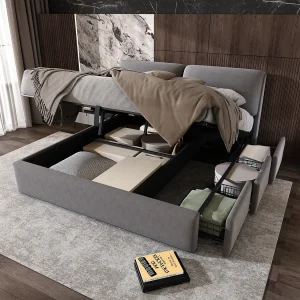Gestoffeerd opbergbed – 160 x 200 cm – met hydraulische lattenbodem + 3 lades + hoofdbord – fluweel – grijs Gestoffeerd opbergbed – 160 x 200 cm – met hydraulische lattenbodem + 3 lades + hoofdbord – fluweel – grijs
