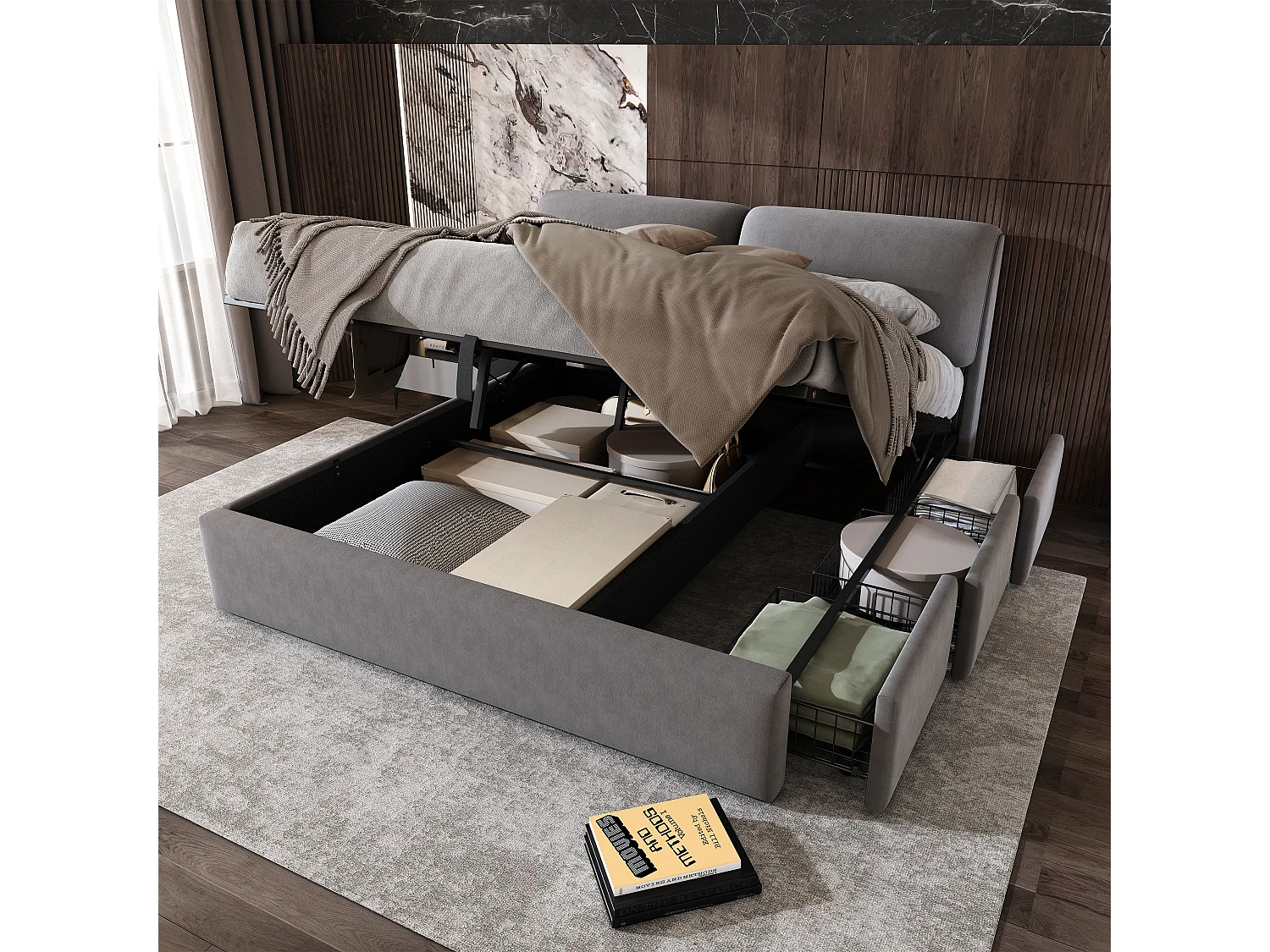Gestoffeerd opbergbed - 160 x 200 cm - met hydraulische lattenbodem + 3 lades + hoofdbord - fluweel - grijs