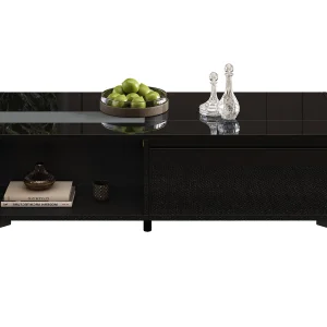 Glanzende salontafel met opklapbaar blad – 110 x 50 x 48 cm – met plank en deur – spaanplaat – zwart